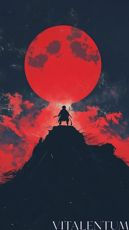 Lone warrior greets a blazing red moon above dark peaks