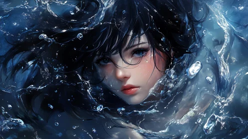 Female face immersed in dynamic blue water with droplets.