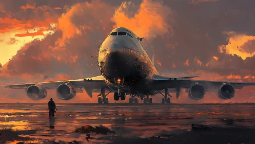 Sunset runway giant under storm-lit painted skies.