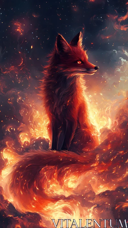 Fiery spirit fox emerges from swirling cosmic embers
