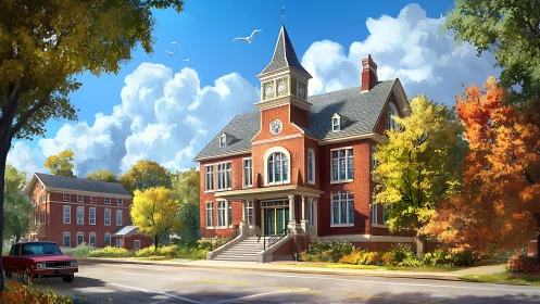 Historic red brick town hall under luminous autumn sky.