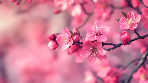 Delicate Pink Blossoms Dance Gently on Spring Branches