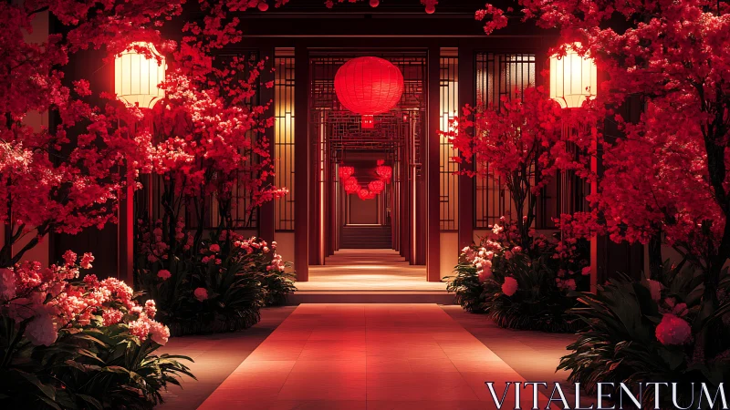Radiant red lantern corridor glows among cherry blossoms