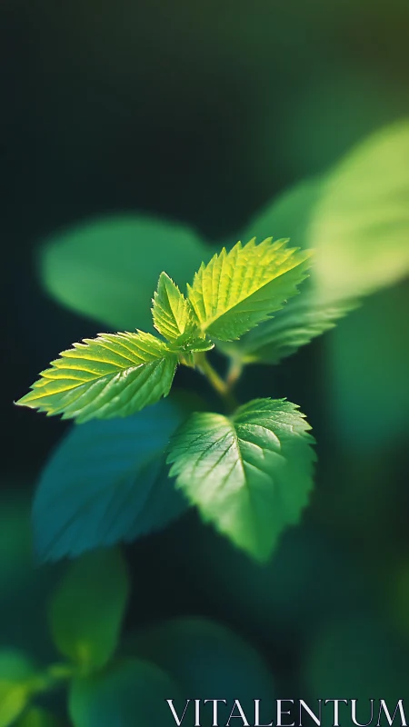 Sunlit spring leaf unfurls quietly in a dreamlike blur.