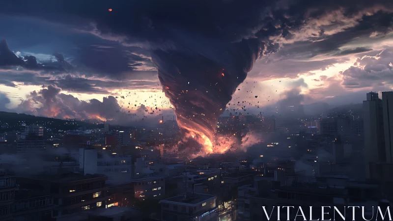 Fire tornado engulfs dense city under storm-laden sky.