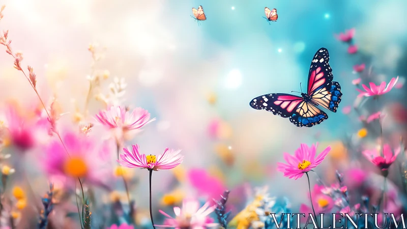 Radiant butterfly drifting above dreamy spring meadow.