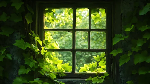 Aged wooden window overtaken by sunlit ivy foliage and diffuse bokeh