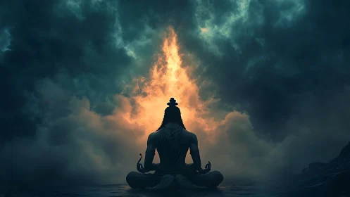 Backlit meditating figure framed by volumetric storm clouds and fire