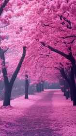 Cherry blossom corridor with dense canopy and receding vanishing point