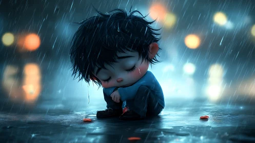 Teardrop lullaby of a tiny dreamer in neon rainstorm.