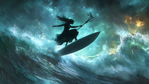 Silhouetted figure on surfboard above turbulent ocean wave.