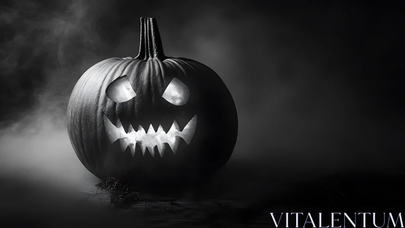 Spooky jack o lantern glowing softly in swirling night fog.