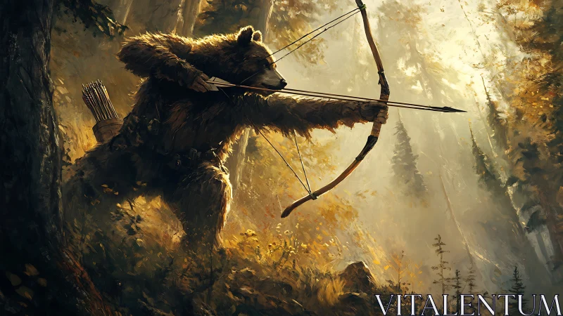 Digital painting of archer bear in dramatic forest chiaroscuro.