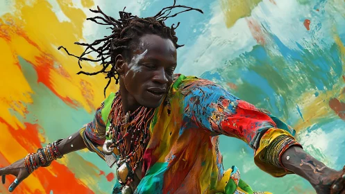 Vibrant dancer moves through chaotic abstract color field