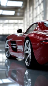 High-gloss red supercar in reflective architectural studio.