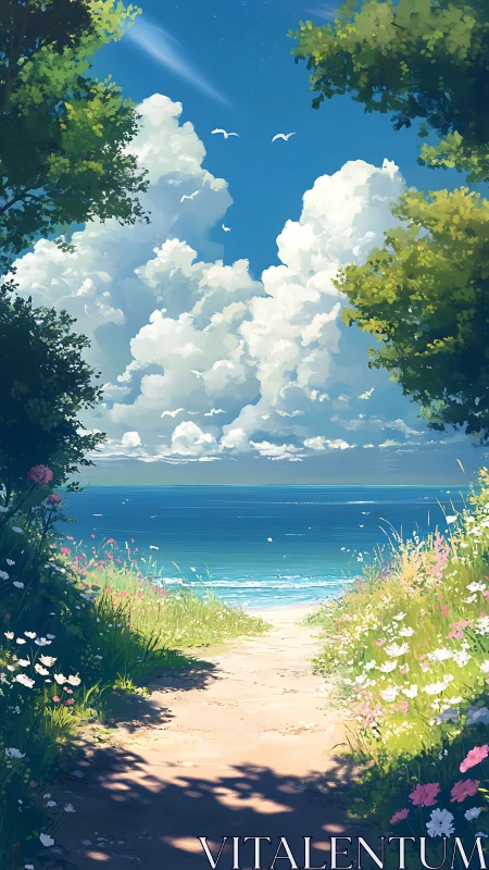 Summer path tiptoes from wildflower shade to bright sea