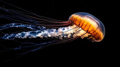 Orange jellyfish with extended tentacles on black field.