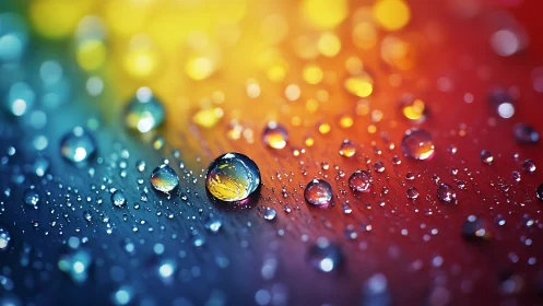 Prismatic water droplets over vibrant rainbow gradient surface.