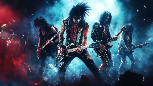 Neon backlit metal band locked in high-intensity stage performance