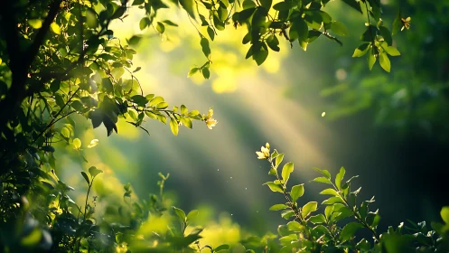 Sunlight streaming through lush green forest foliage, nature scene.