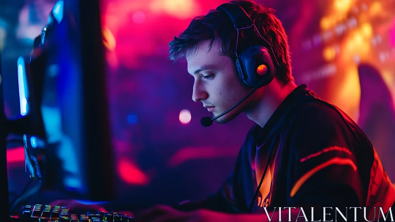Neon arena gamer locked in pixel-perfect concentration.