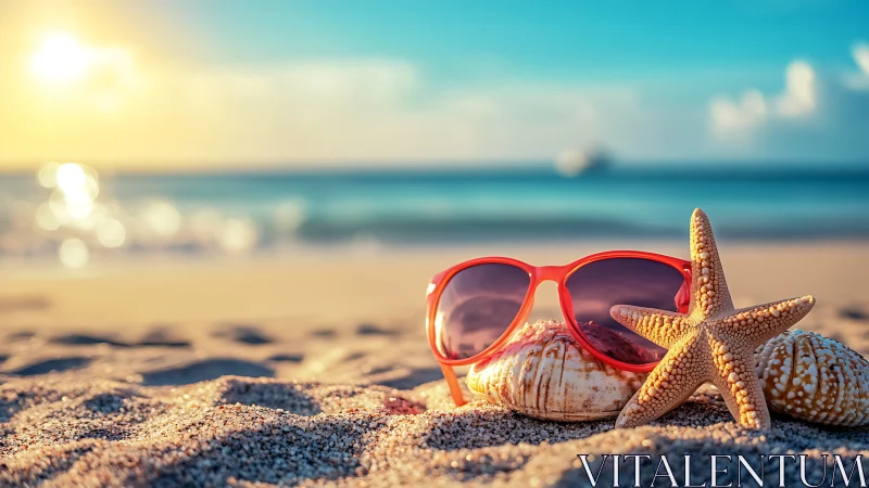 Red sunglasses rest on shells and starfish on sandy beach
