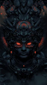 Symmetrical mechanical deity face with red illuminated eyes.