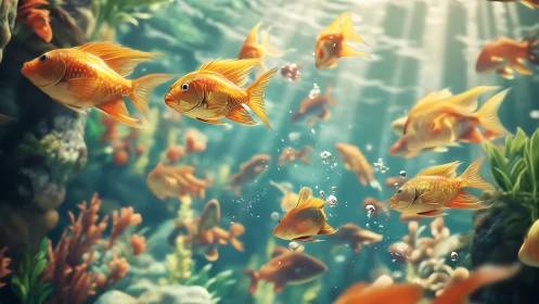 Multiple goldfish swim in a sunlit underwater environment