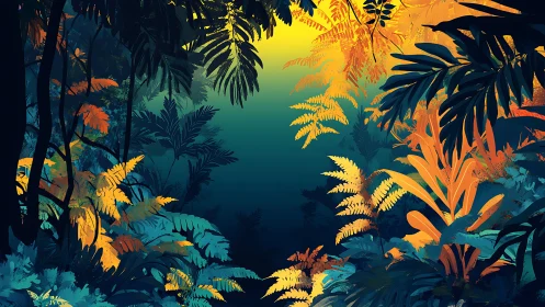 Tropical Undergrowth Luminescence: Layered Foliage Composition with Chromatic Gradation.
