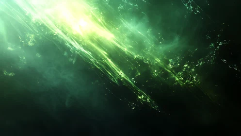 Abstract green energy burst with glowing light streaks digital art.