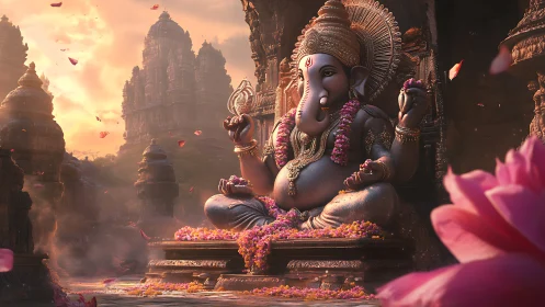 Divine Ganesha idol in sunset temple courtyard bloom.