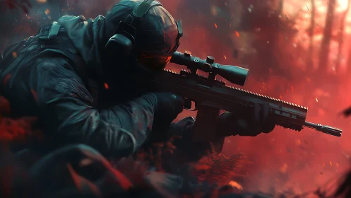 Stealth sniper waits in a burning red forest battlefield