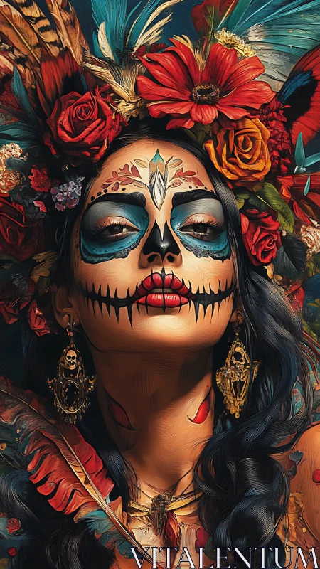 Day of the Dead queen with vivid floral skull makeup.