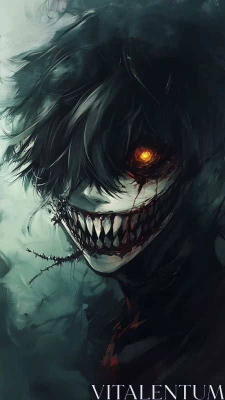 Demonic grin silhouette with burning eye in teal mist