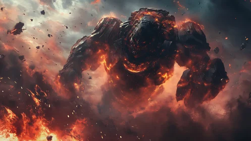 Molten armored mech emerging through explosive cloud field.