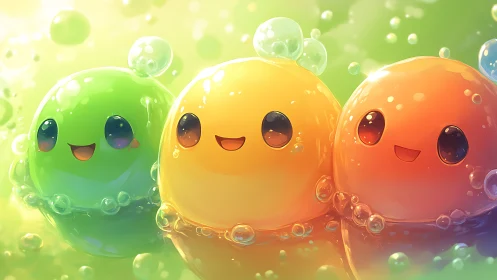 Three glossy jelly creatures smile in a bright bubbly liquid