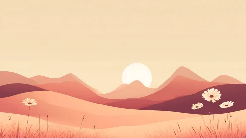 Sunlit stylized hills with daisies in soft pastel tones