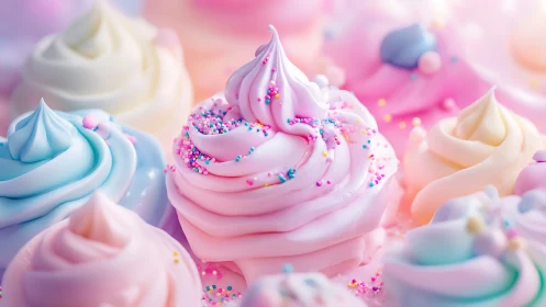 Pastel Dreams: Swirling Frosting Peaks Crowned in Colorful Candy Shimmer