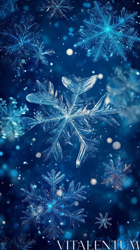 Glowing blue snowflakes float in deep winter night air