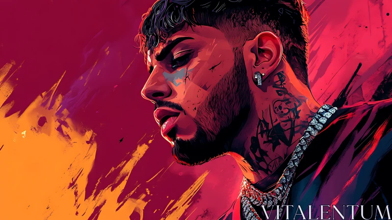 Neon-lit portrait of tattooed singer in molten color storm.