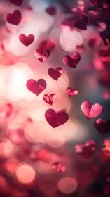 Pink and crimson heart shapes with bokeh background blur effect.