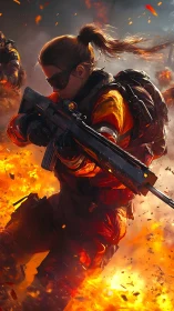 Combat specialist storms burning battlefield in flames