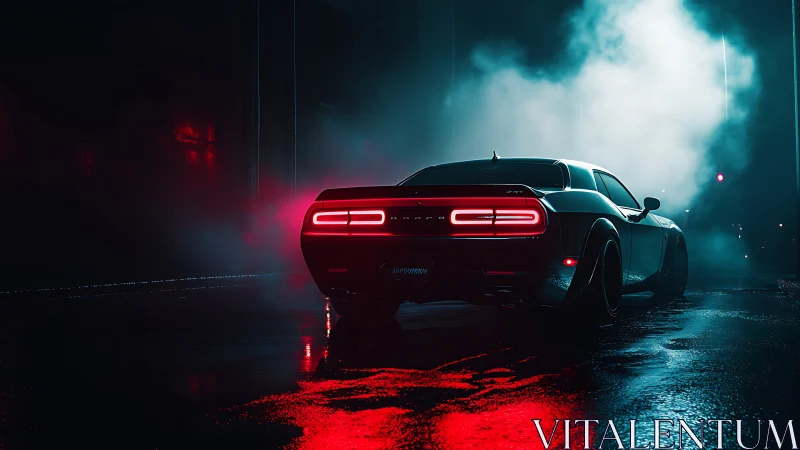 Rear three-quarter view of muscle car in cinematic neon fog