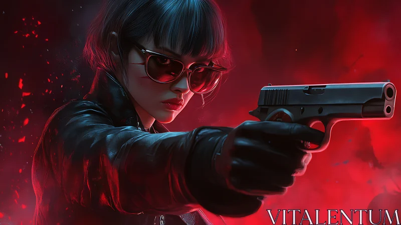 Female shooter in leather jacket aiming handgun in red light