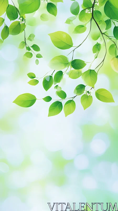 Spring green leaves on soft bokeh background illustration.