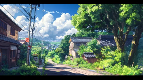 Sunlit village hillside lane under wide blue summer skies.