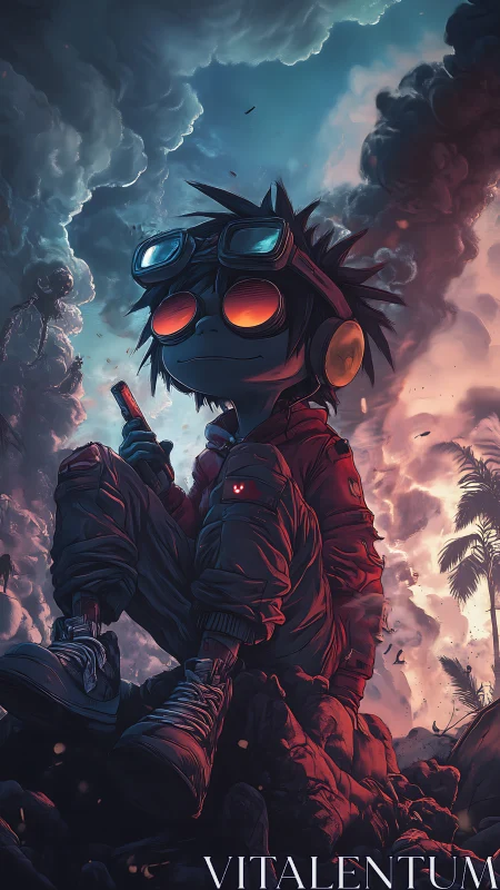 Goggled youth in flight suit seated amid storm clouds.