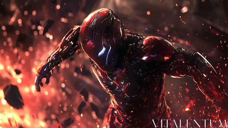 Armored cybernetic warrior charges through molten debris storm