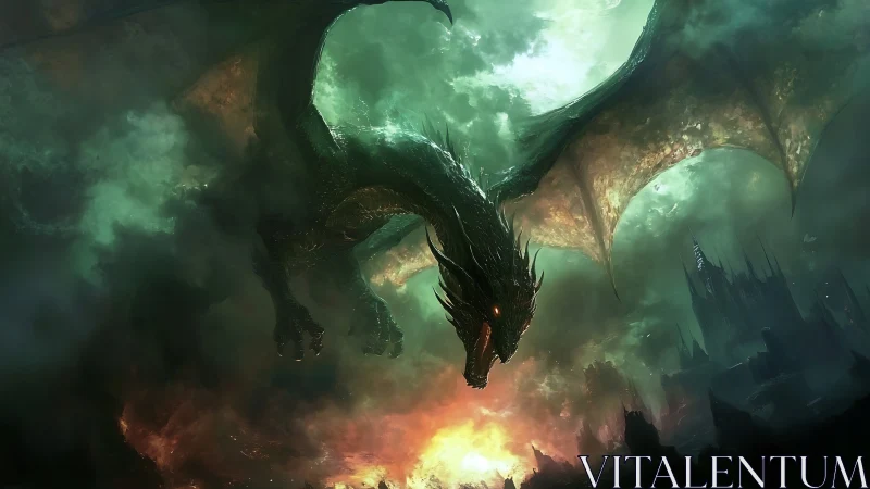 Midnight dragon gliding above a storm of emerald fire.