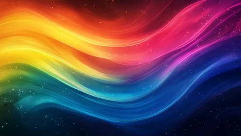 Vibrant multicolor light waves on deep starry background.